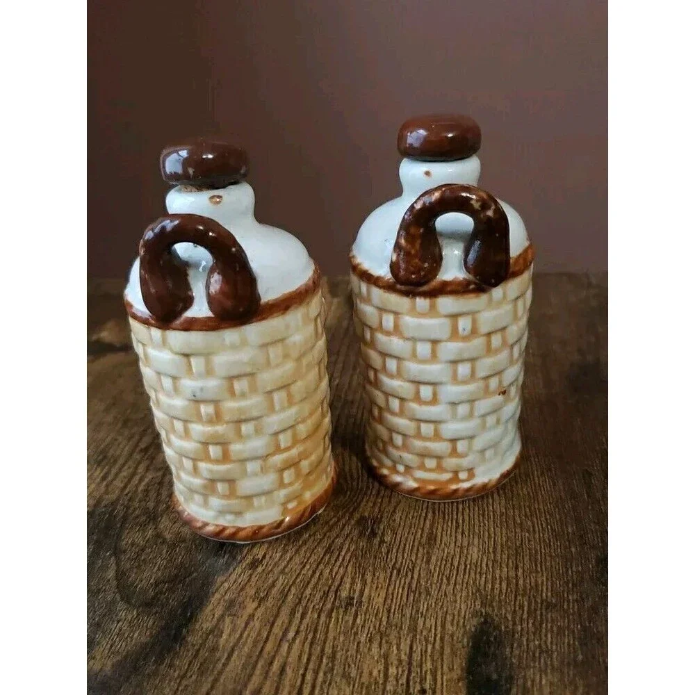 Vintage Oil & Vinegar Bottle Ceramic Basketweave Hand Painted Floral Cruets